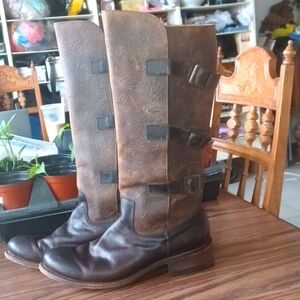 JB Dillon Boots Tooled Leather Knee High, Buckle, 12B